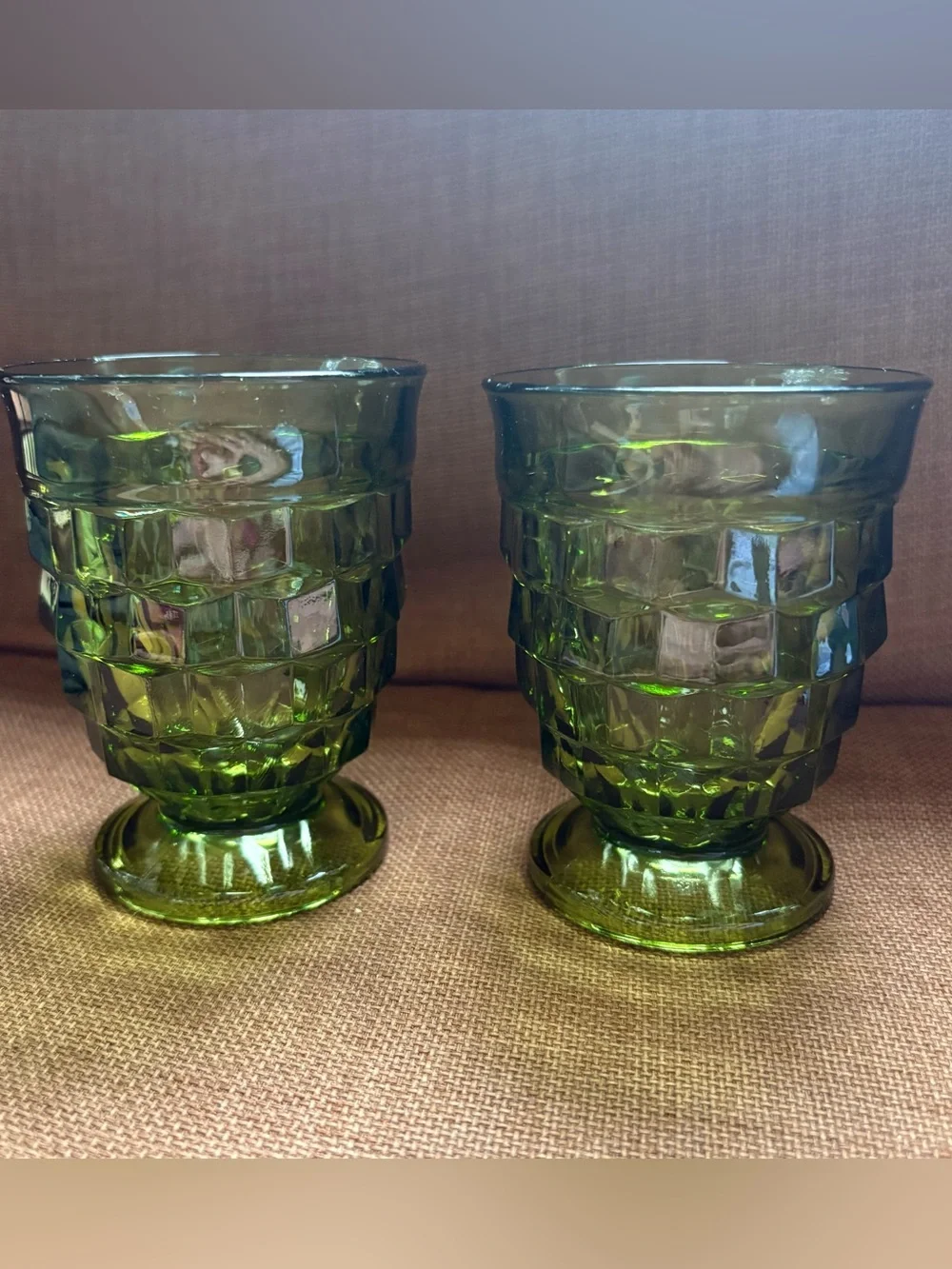 Vtg 60s Indiana Glass Whitehall Colony Cubist Avocado Green Footed 9 Oz Glasses